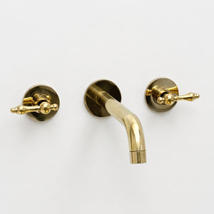Unlacquered Brass Wall-Mount Faucet with Lever handles, Push-Up Drain & P-trap