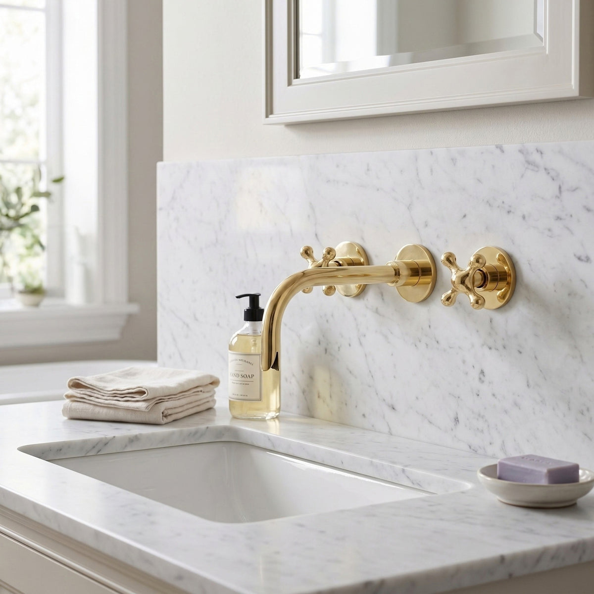 Unlacquered Brass Wall-Mount Sink Faucet with Cross handles