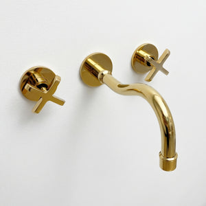 Unlacquered Brass Wall Mount Bathroom Faucet with Cross handles