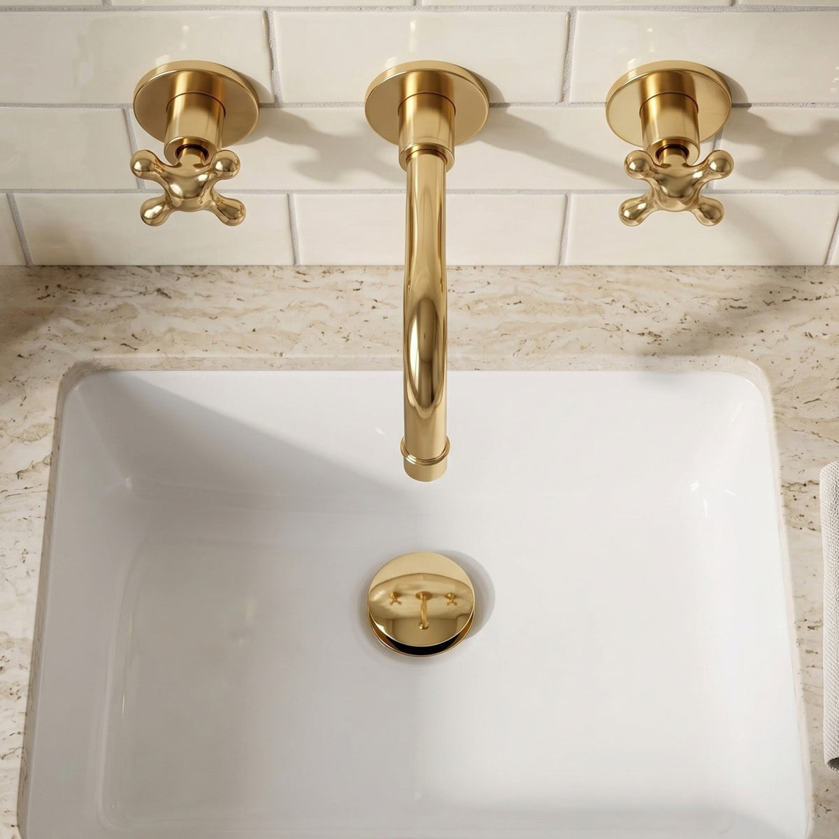 Unlacquered Brass Wall Mount Bathroom Faucet with Cross handles