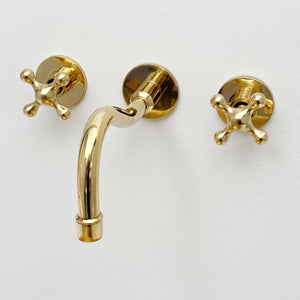 Unlacquered Brass Wall Mount Bathroom Faucet with Cross handles