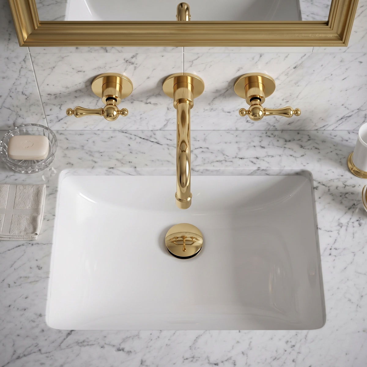 Unlacquered Brass Wall Mount Bathroom Faucet with Lever handles