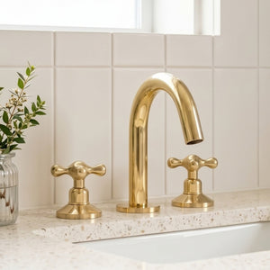 Unlacquered Brass Gooseneck Widespread Bathroom Faucet with Cross Handles – Classic Arc