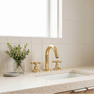 Unlacquered Brass Gooseneck Widespread Bathroom Faucet with Cross Handles – Classic Arc