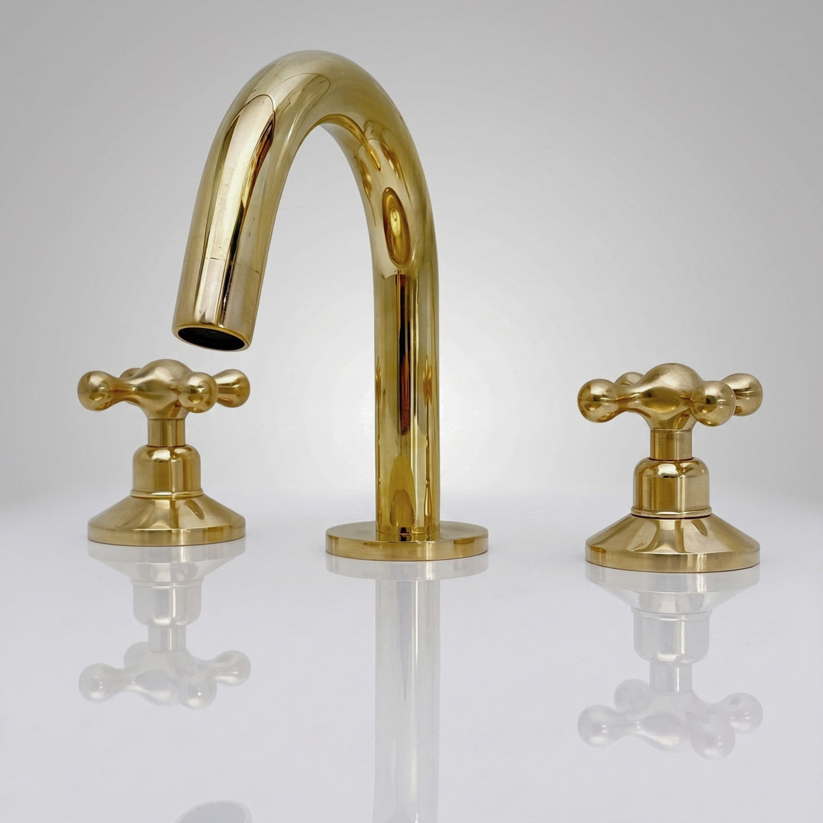 Unlacquered Brass Gooseneck Widespread Bathroom Faucet with Cross Handles – Classic Arc