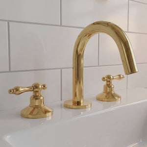 Unlacquered Brass Gooseneck Widespread Bathroom Faucet with Lever Handles