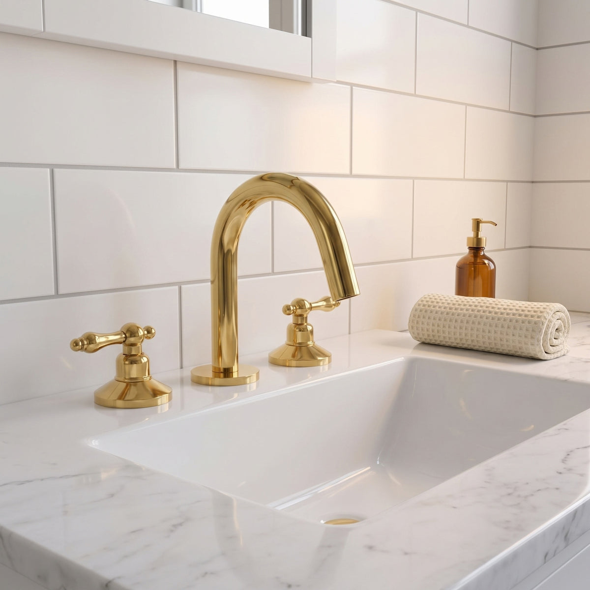 Unlacquered Brass Gooseneck Widespread Bathroom Faucet with Lever Handles