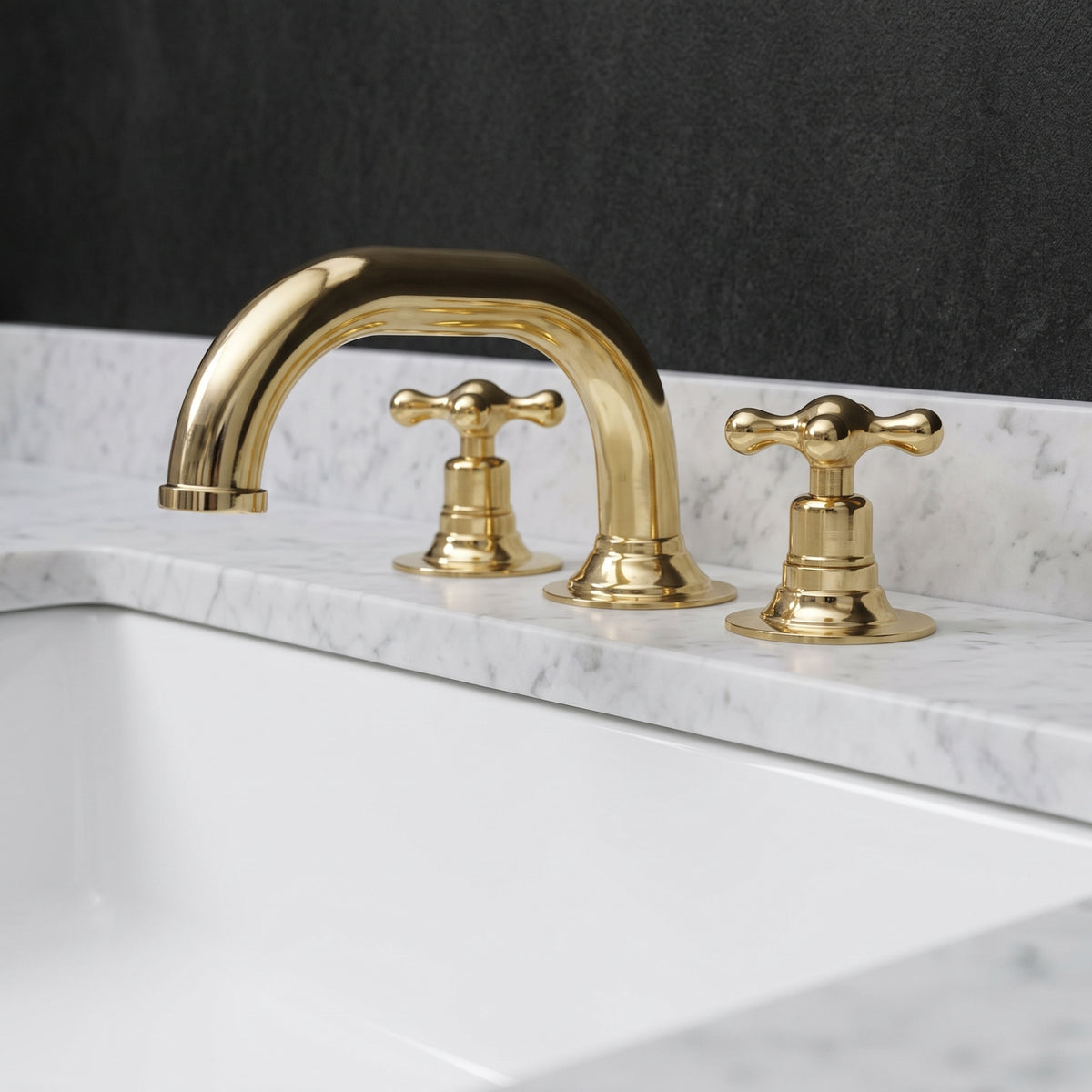 Unlacquered Brass Low-Profile Widespread Bathroom Faucet with Cross Handles