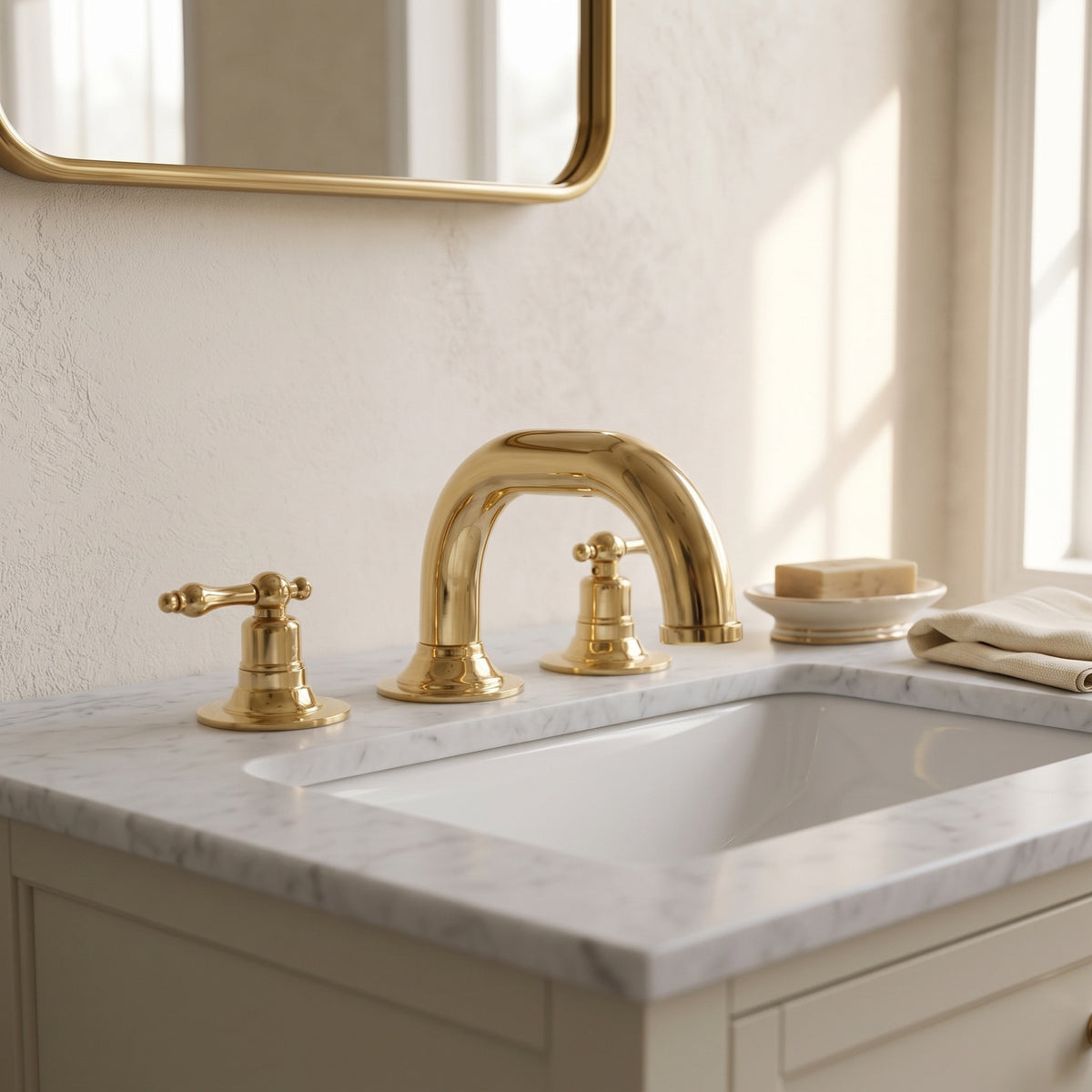 Unlacquered Brass Low-Profile Widespread Bathroom Faucet with Lever Handles