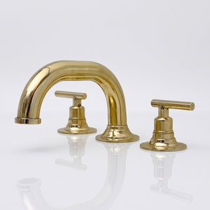 Unlacquered Brass Low-Profile Widespread Bathroom Faucet with Lever Handles