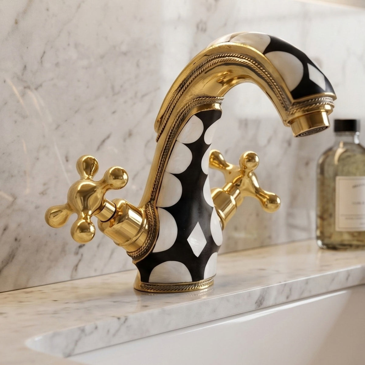 Unlacquered Brass and Resin Single Hole Bathroom Faucet with Cross Handles
