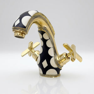 Unlacquered Brass and Resin Single Hole Bathroom Faucet with Cross Handles