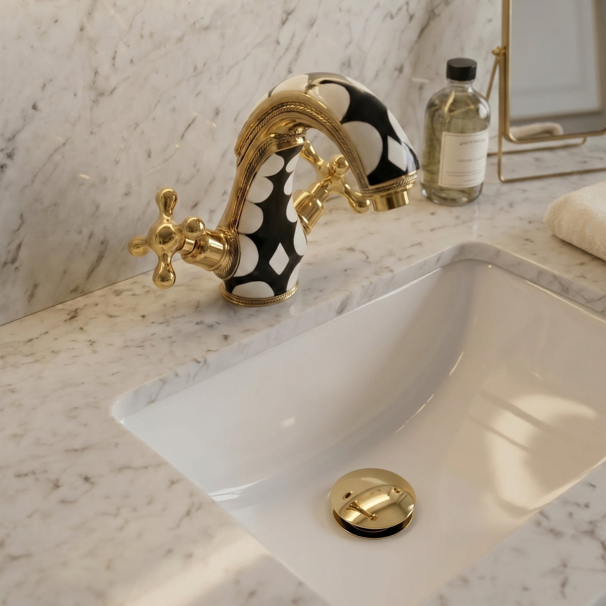 Unlacquered Brass and Resin Single Hole Bathroom Faucet with Cross Handles