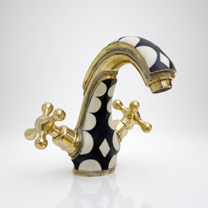Unlacquered Brass and Resin Single Hole Bathroom Faucet with Cross Handles