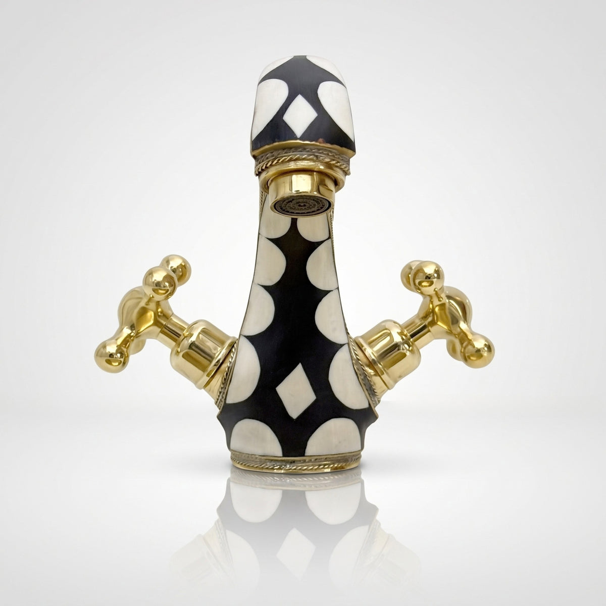 Unlacquered Brass and Resin Single Hole Bathroom Faucet with Cross Handles