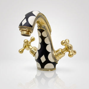 Unlacquered Brass and Resin Single Hole Bathroom Faucet with Cross Handles