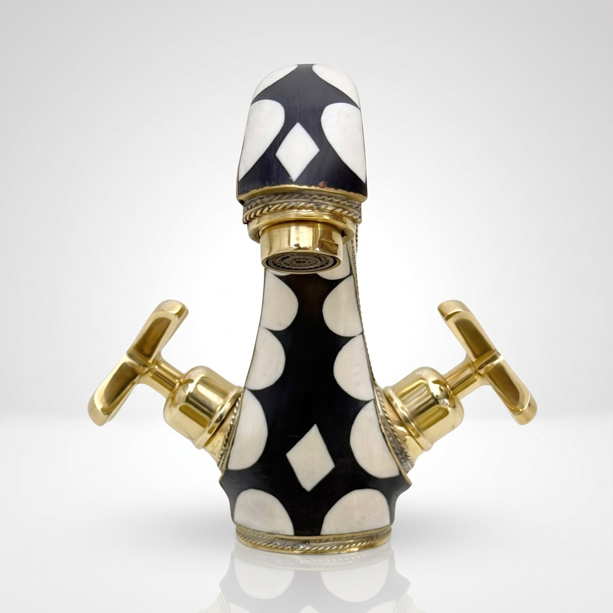 Unlacquered Brass and Resin Single Hole Bathroom Faucet with Cross Handles