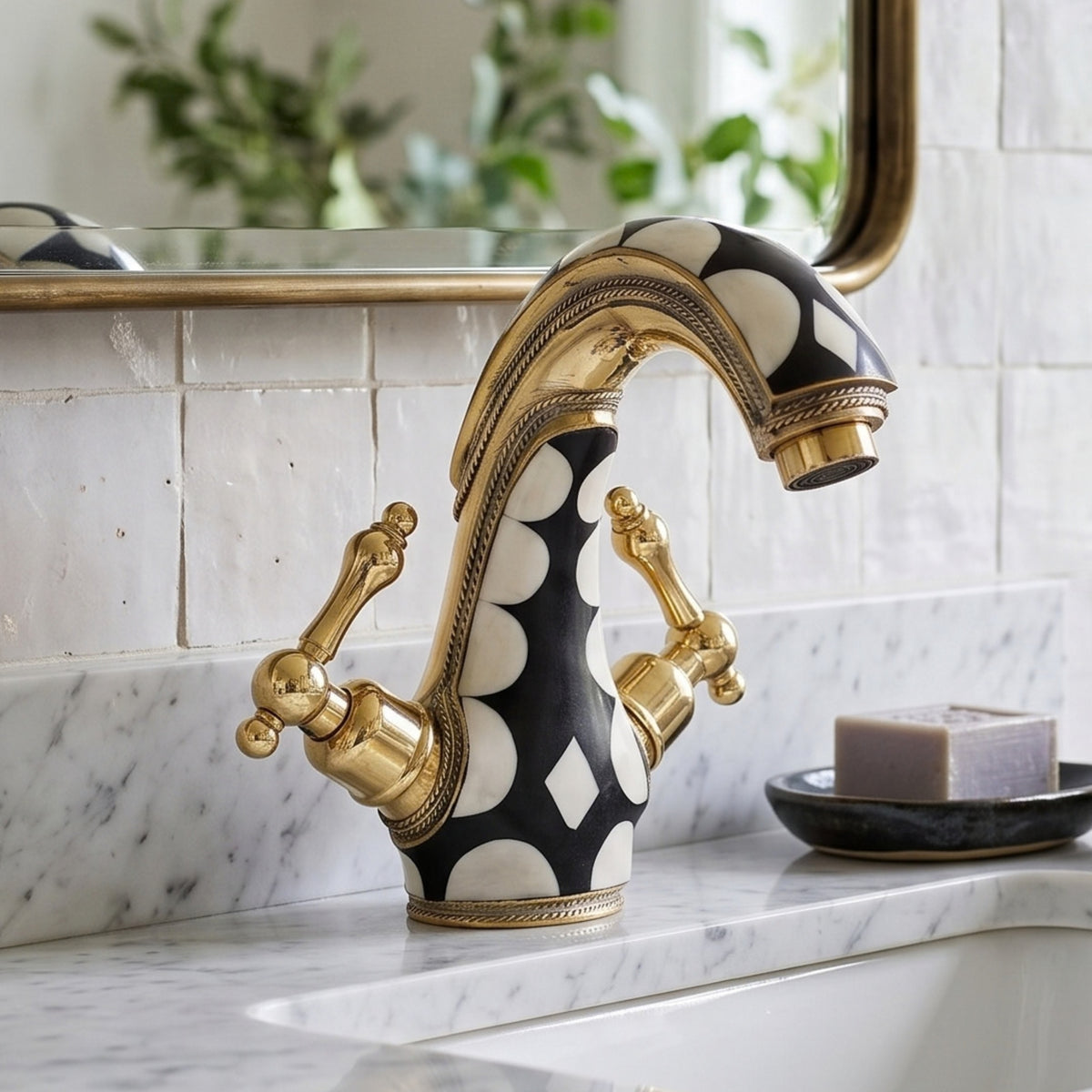 Unlacquered Brass and Resin Single Hole Bathroom Faucet with Lever Handles