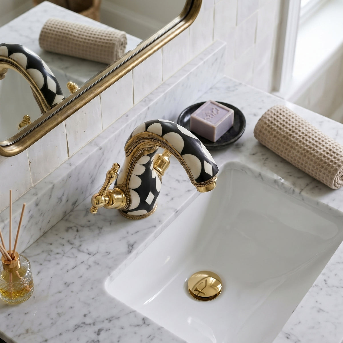 Unlacquered Brass and Resin Single Hole Bathroom Faucet with Lever Handles