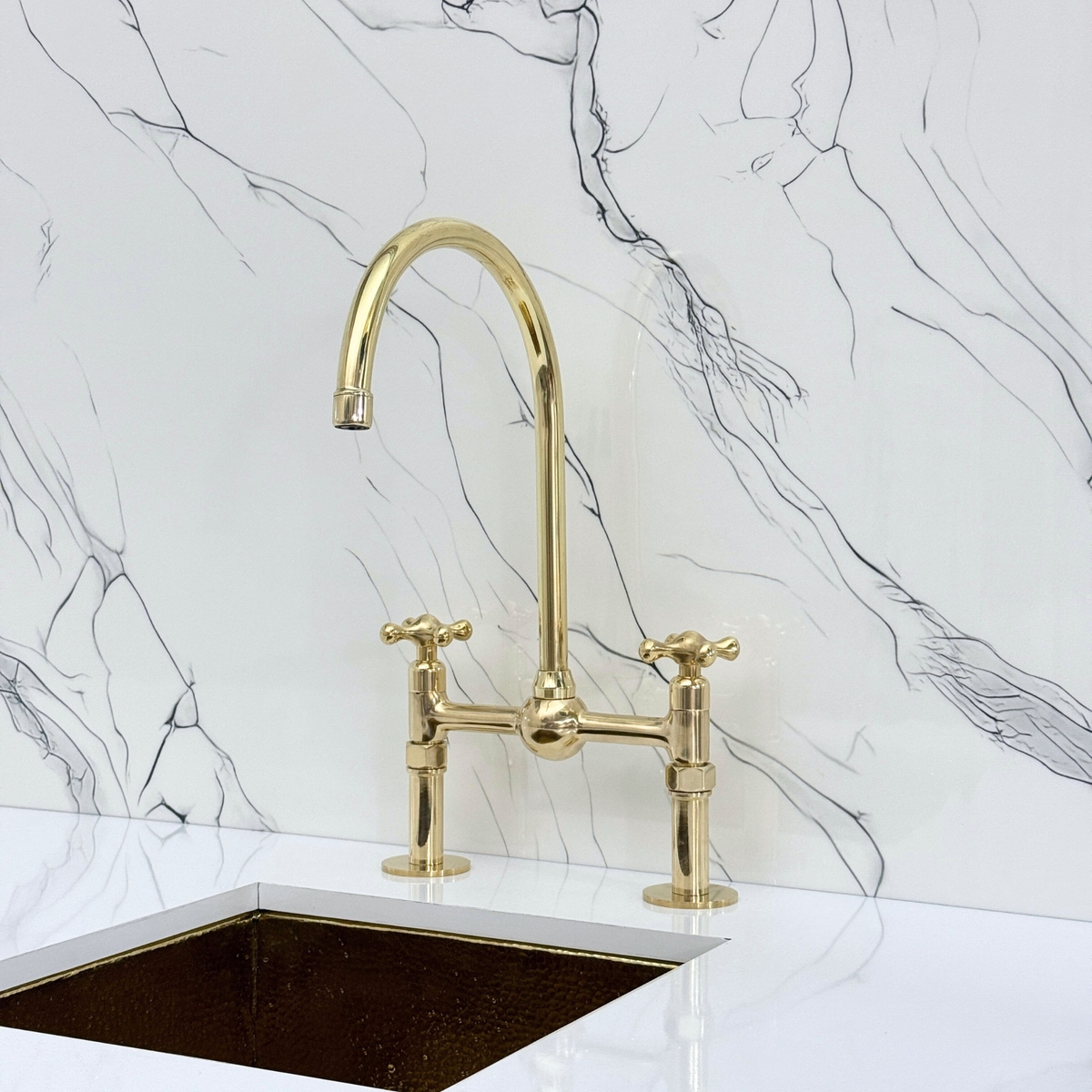 Unlacquered Brass Bridge Kitchen Faucet with Cross Handles – Harrington – alternate view 7