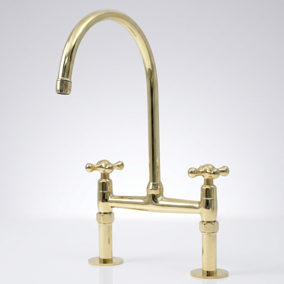 Unlacquered brass bridge kitchen faucet with Petal cross handles, faucet-only set
