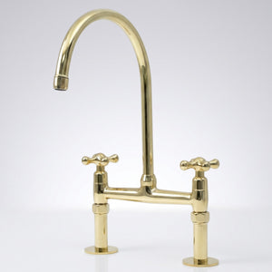 Unlacquered brass bridge kitchen faucet with Petal cross handles, faucet-only set