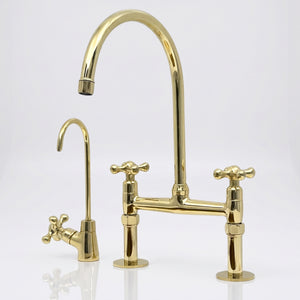 Unlacquered brass bridge kitchen faucet with separate drinking water tap and Petal cross handles