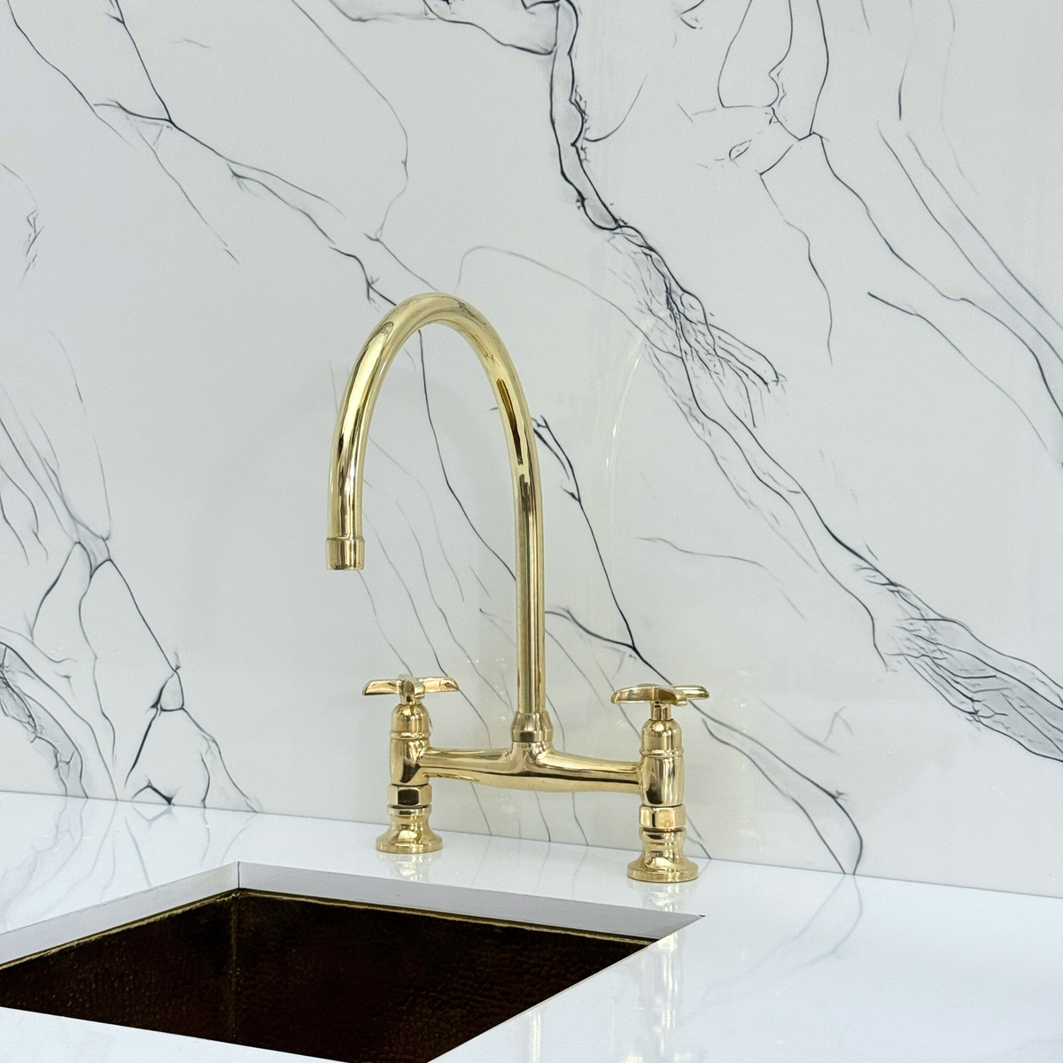 Unlacquered Brass Bridge Kitchen Faucet with Cross Handles – Tavistock – alternate view 8