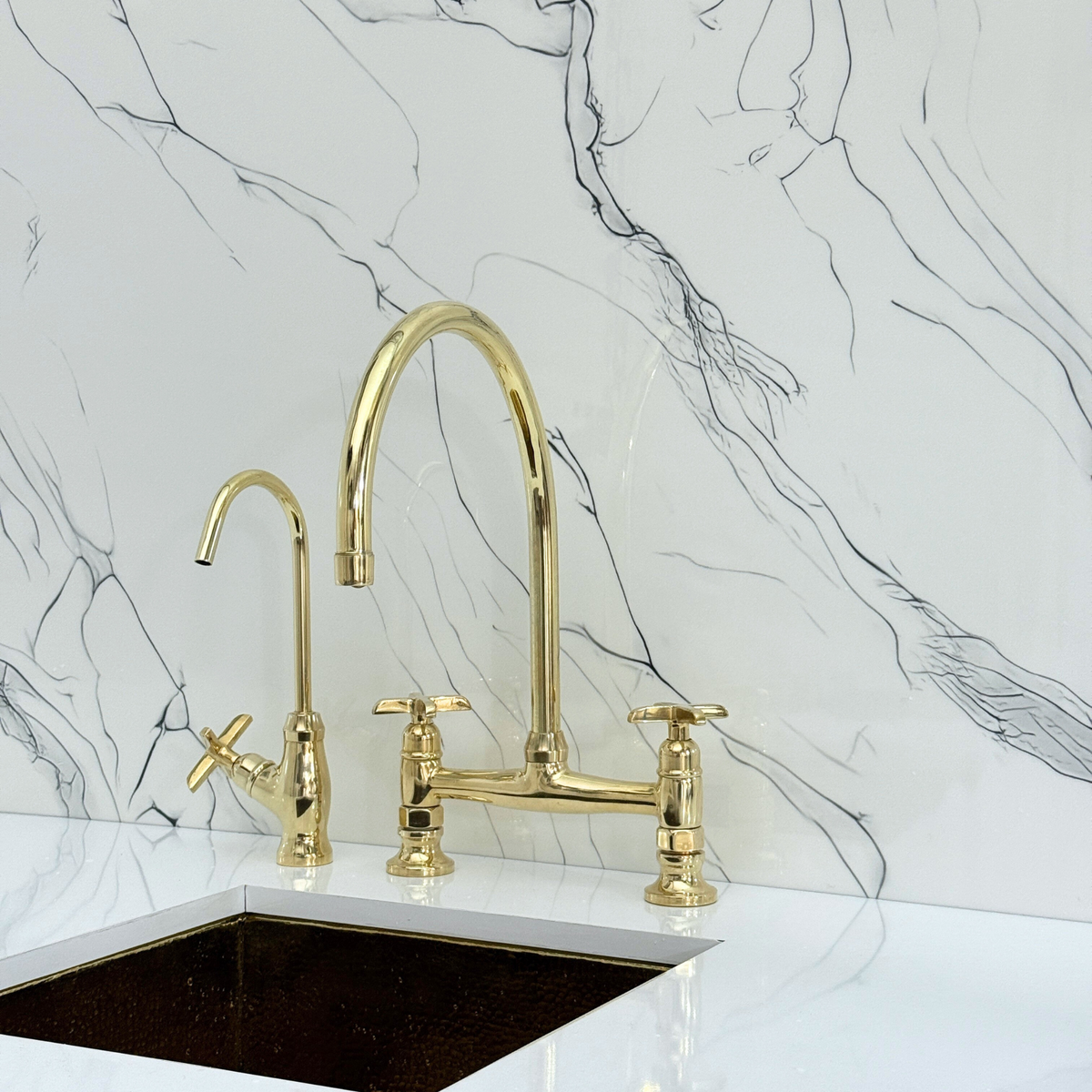 Unlacquered Brass Bridge Kitchen Faucet with Cross Handles – Tavistock – alternate view 10