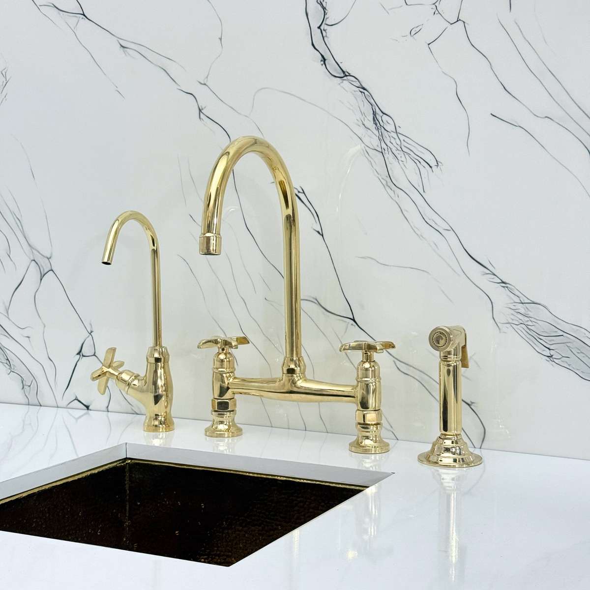 Unlacquered Brass Bridge Kitchen Faucet with Cross Handles – Somerset – alternate view 3