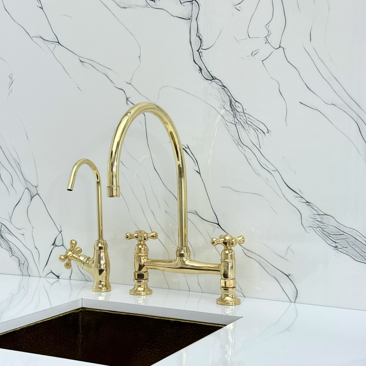 Unlacquered Brass Bridge Kitchen Faucet with Cross Handles – Tavistock – alternate view 9