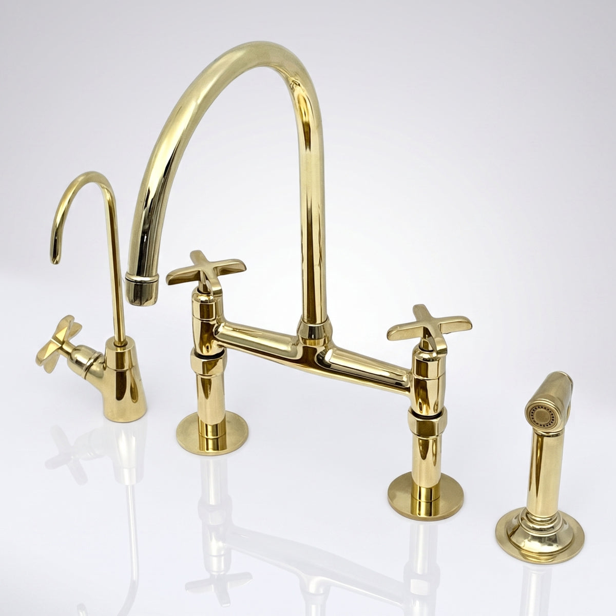 Full set unlacquered brass bridge kitchen faucet with sprayer and drinking water tap, Blade cross handles