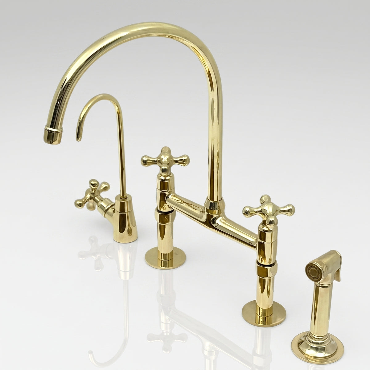 Unlacquered brass bridge kitchen faucet with side sprayer and drinking water tap, Petal cross handles