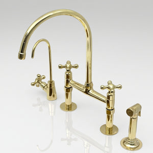 Unlacquered brass bridge kitchen faucet with side sprayer and drinking water tap, Petal cross handles
