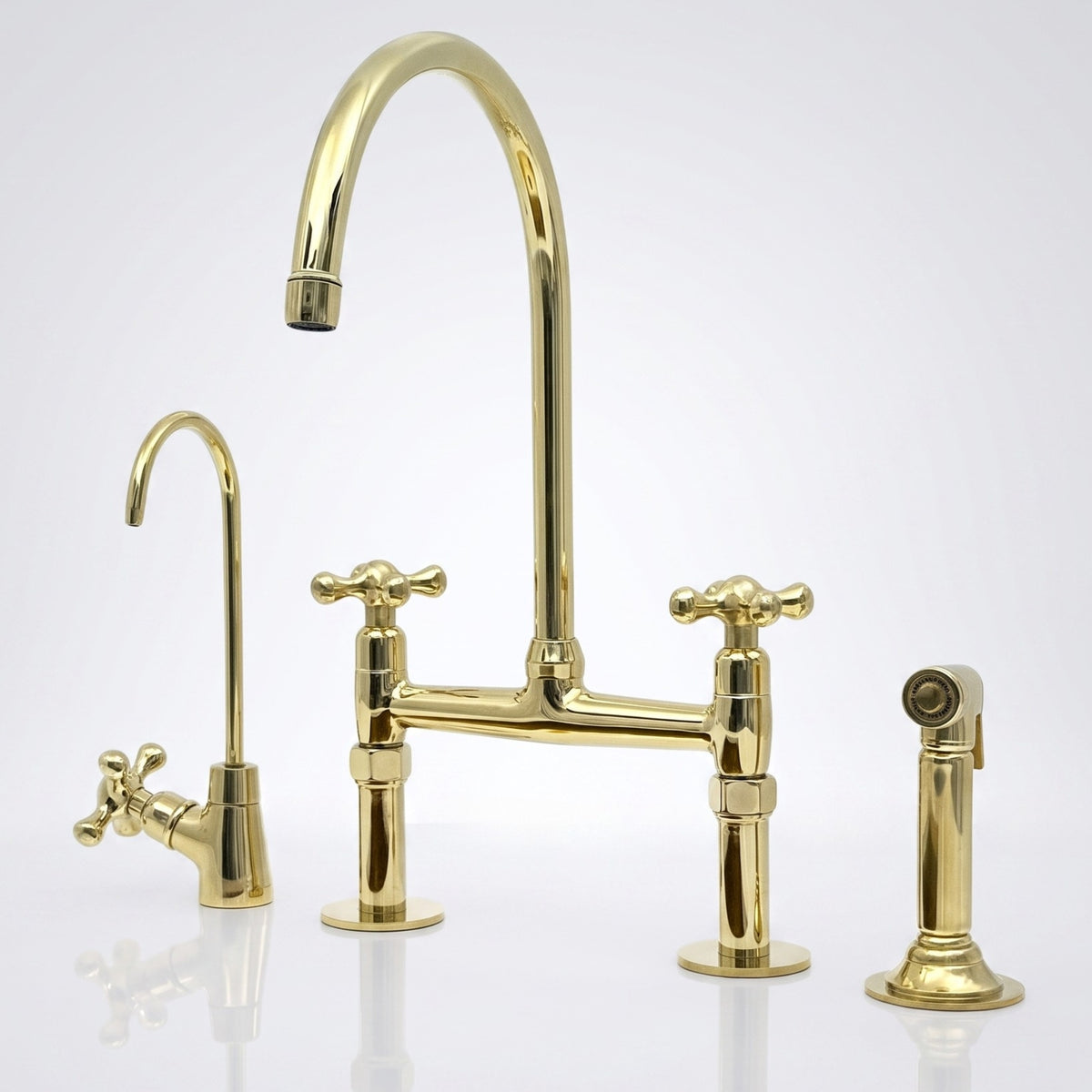 Full luxury set unlacquered brass bridge faucet with sprayer and drinking water tap, Petal cross handles
