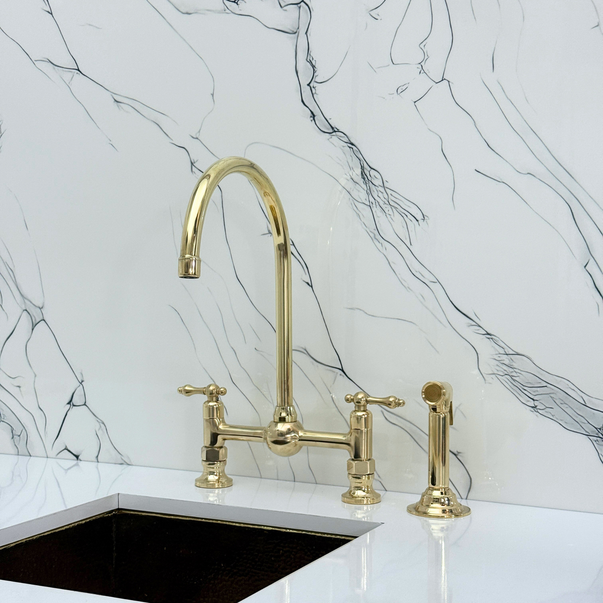 Unlacquered Brass Vintage Bridge Kitchen Faucet with Lever Handles – Montrose – alternate view 9