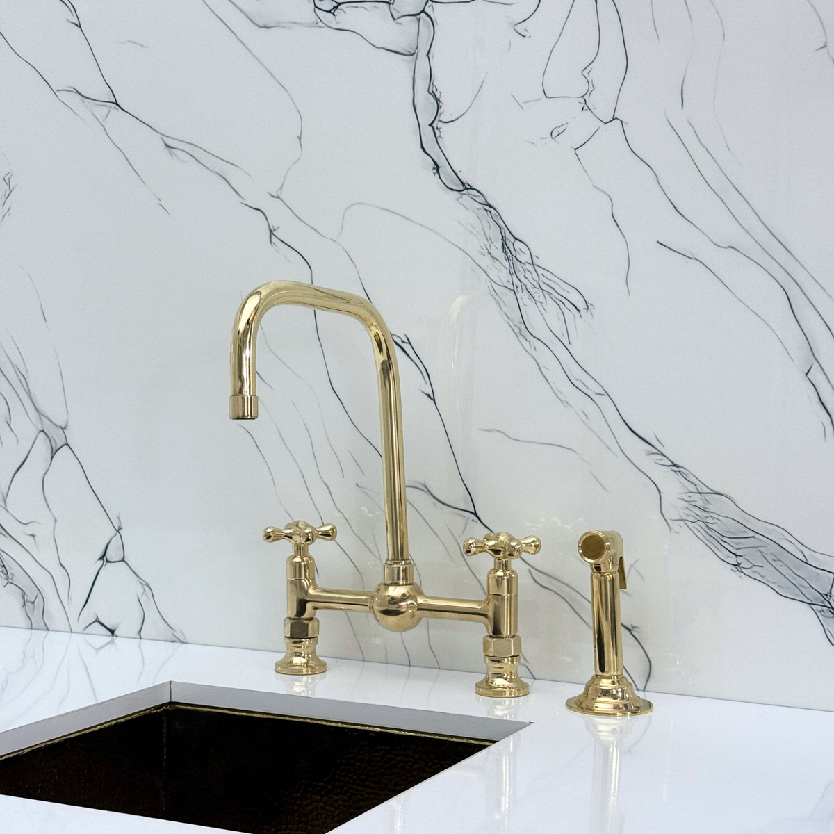 Unlacquered Brass Classic Bridge Kitchen Faucet with Cross Handles – Whitmore – alternate view 10