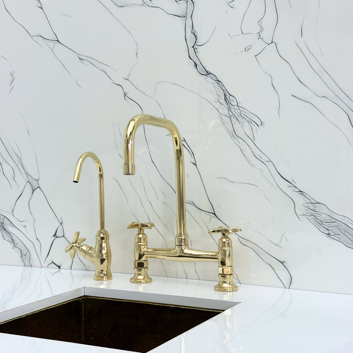 Unlacquered Brass Classic Bridge Kitchen Faucet with Cross Handles – Waverley – alternate view 8