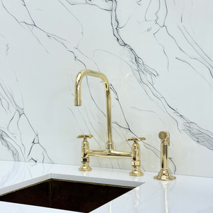 Unlacquered Brass Classic Bridge Kitchen Faucet with Cross Handles – Waverley – alternate view 10