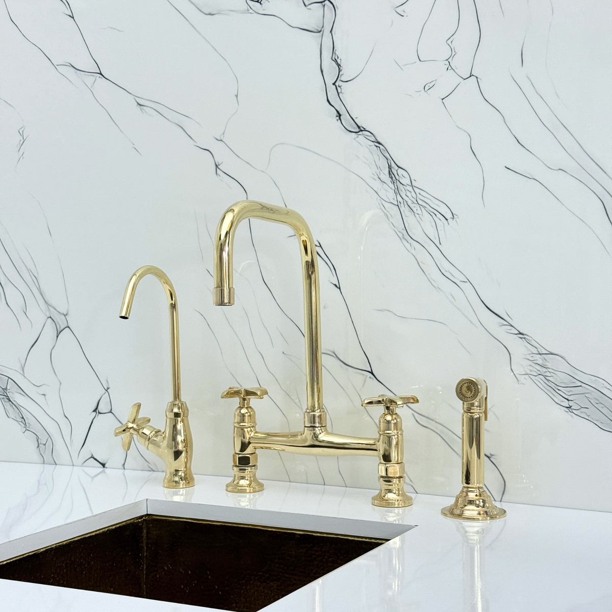 Unlacquered Brass Classic Bridge Kitchen Faucet with Cross Handles – Waverley – alternate view 3