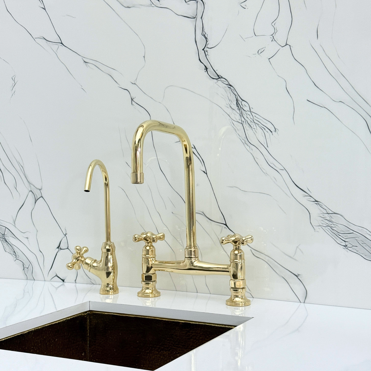 Unlacquered Brass Classic Bridge Kitchen Faucet with Cross Handles – Waverley – alternate view 7