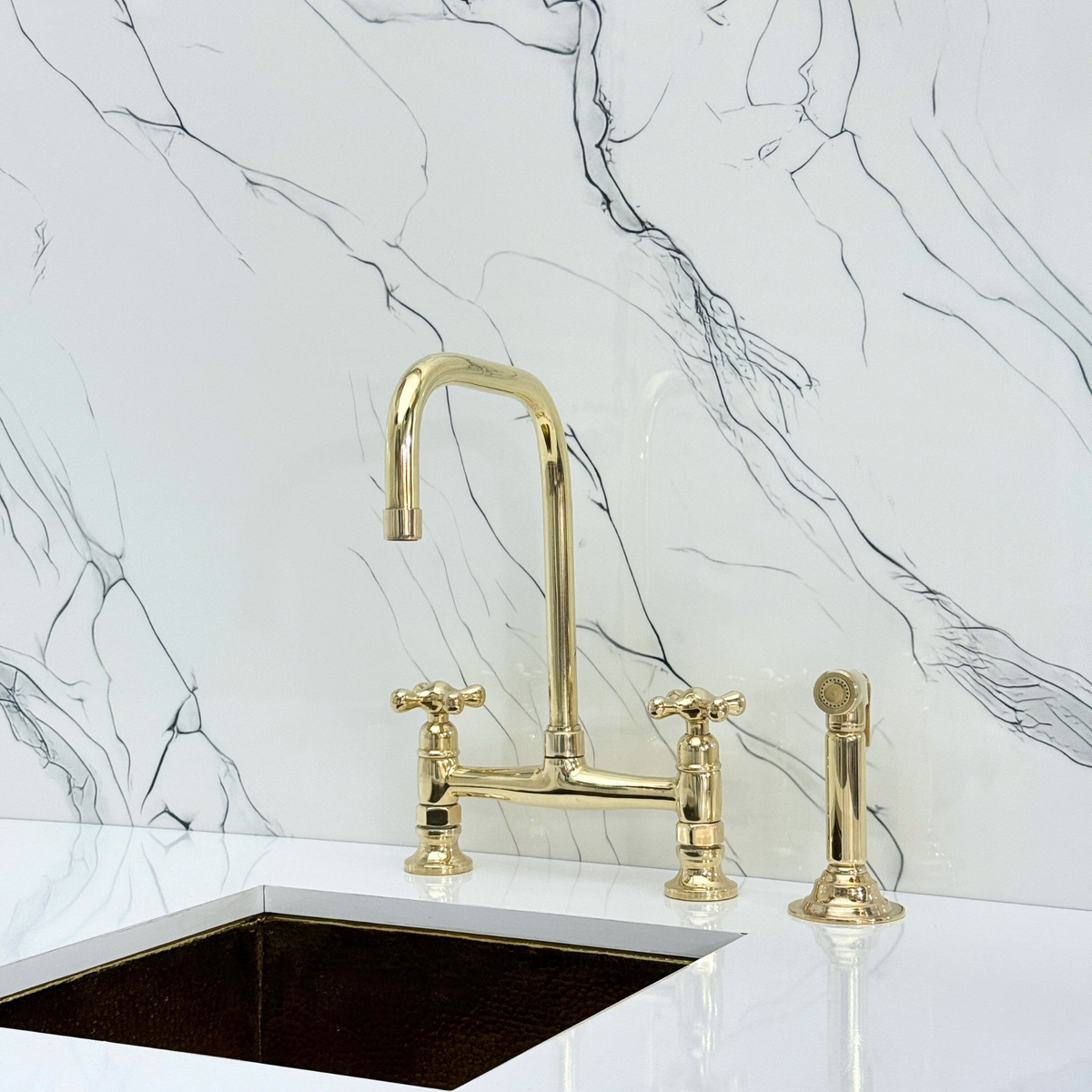 Unlacquered Brass Classic Bridge Kitchen Faucet with Cross Handles – Waverley – alternate view 9