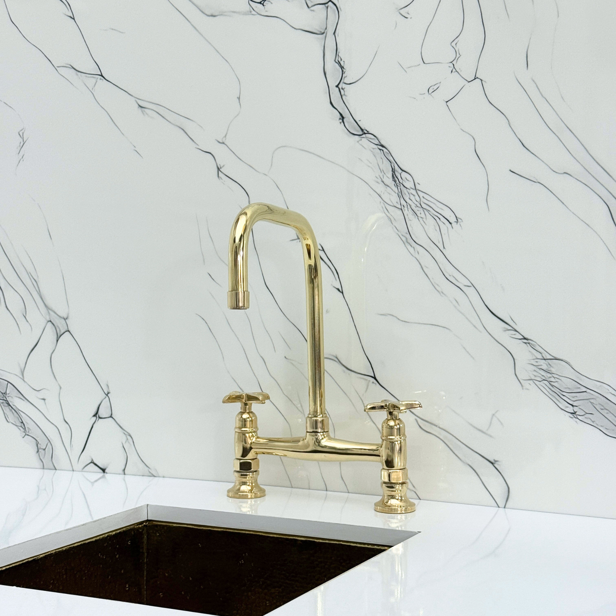 Unlacquered Brass Classic Bridge Kitchen Faucet with Cross Handles – Waverley – alternate view 6