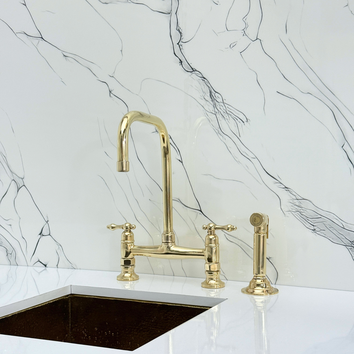 Unlacquered Brass Classic Bridge Kitchen Faucet with Lever Handles – Waverley – alternate view 9