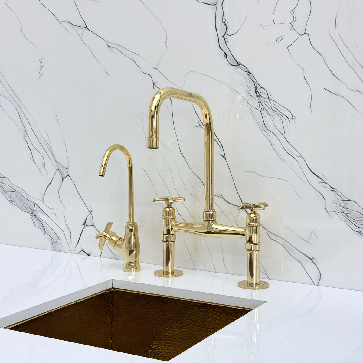 Unlacquered Brass Classic Bridge Kitchen Faucet with Cross Handles – Cavendish – alternate view 9