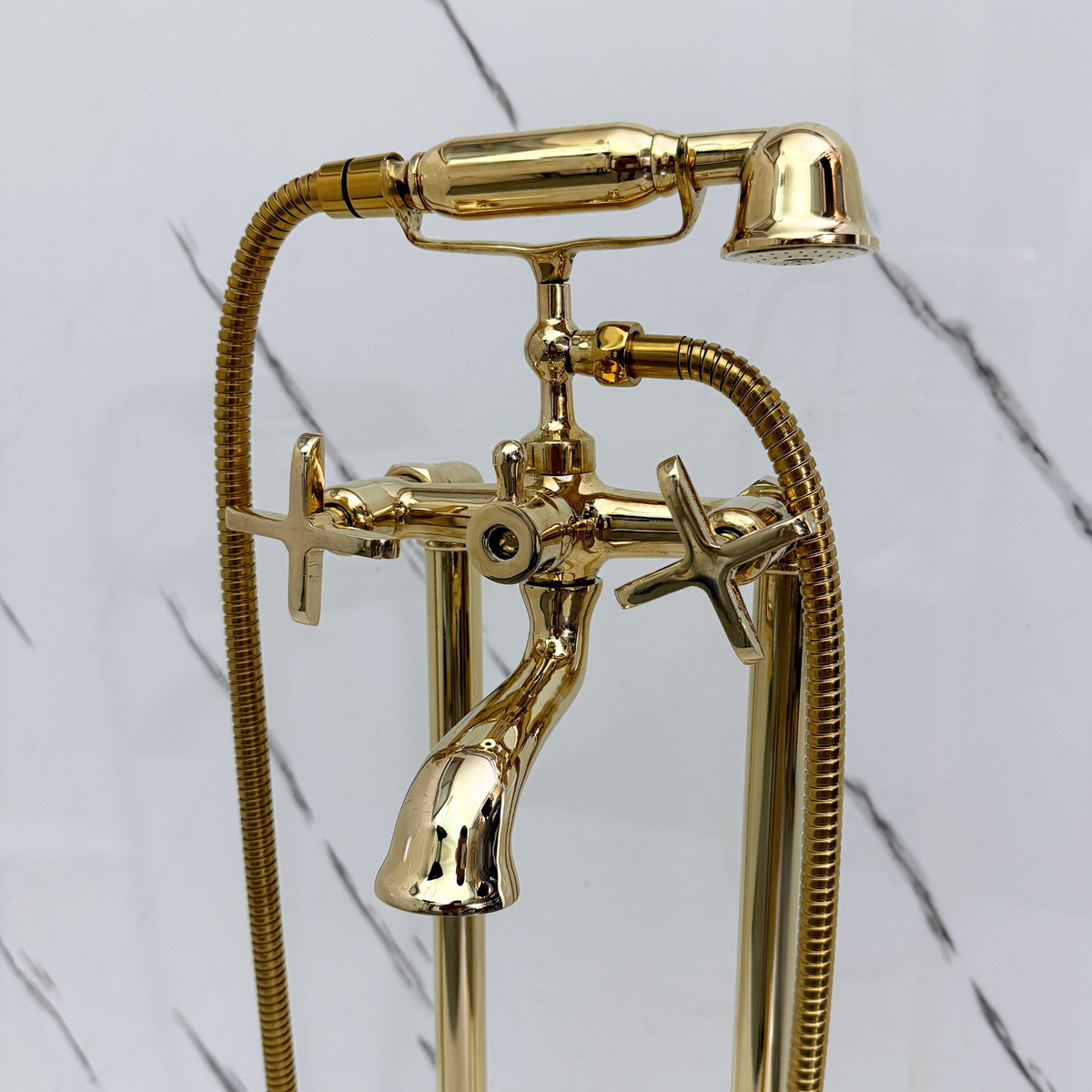 Unlacquered Brass Freestanding Tub Filler with Handheld Shower - image 5