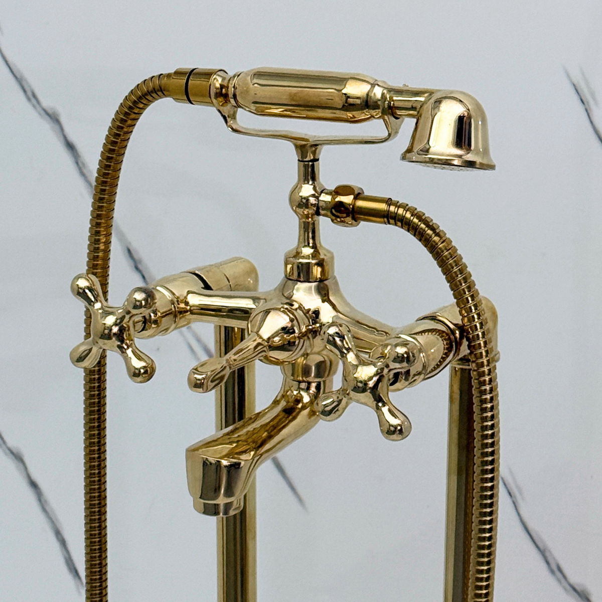 Unlacquered Brass Freestanding Bathtub Faucet, Solid Brass Tub Filler with Handheld Shower Head and Cross - image 2