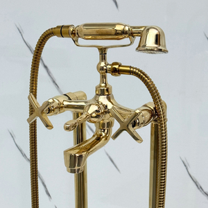 Unlacquered Brass Freestanding Bathtub Faucet, Solid Brass Tub Filler with Handheld Shower Head and Cross - image 5