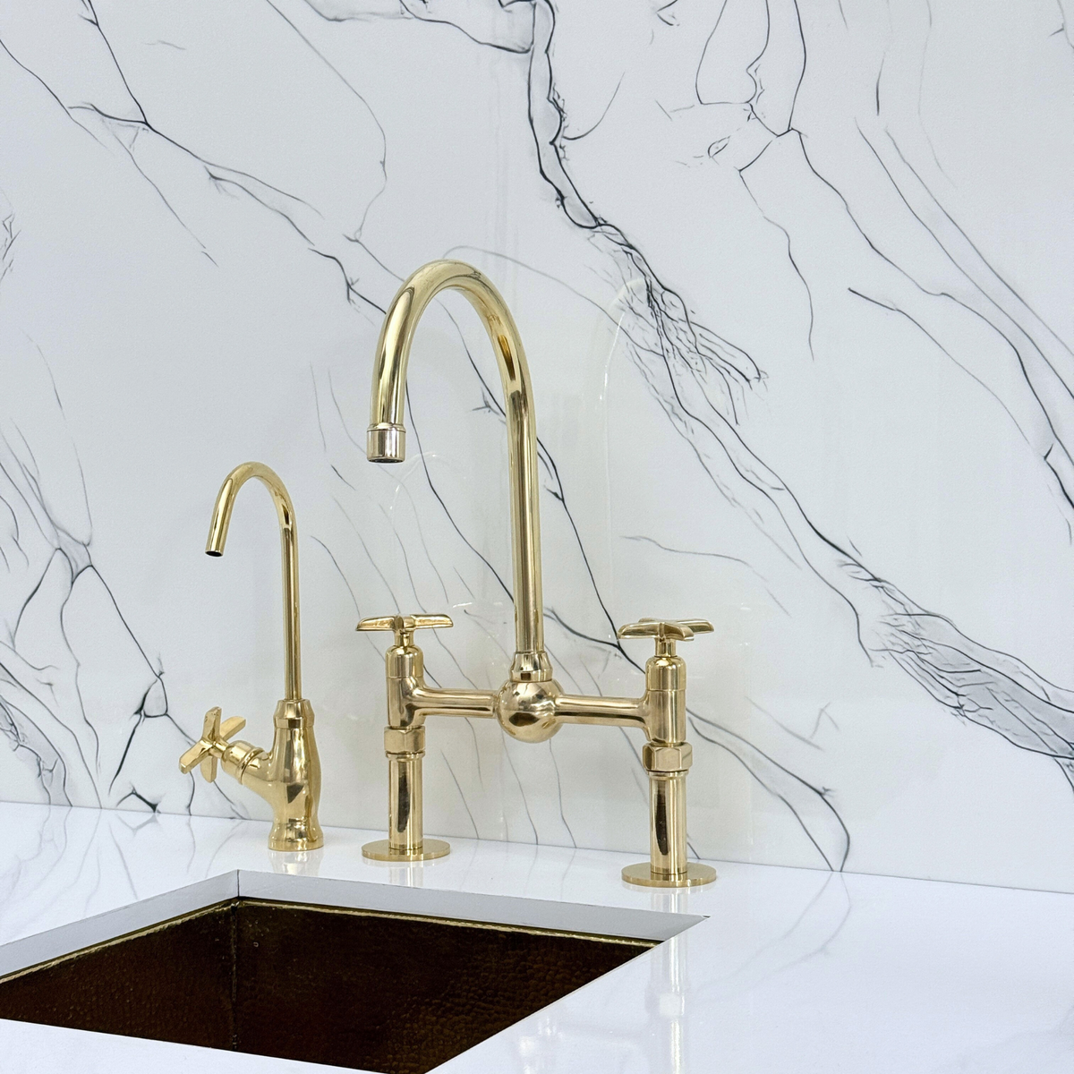 Unlacquered Brass Bridge Kitchen Faucet with Cross Handles – Regent – alternate view 10