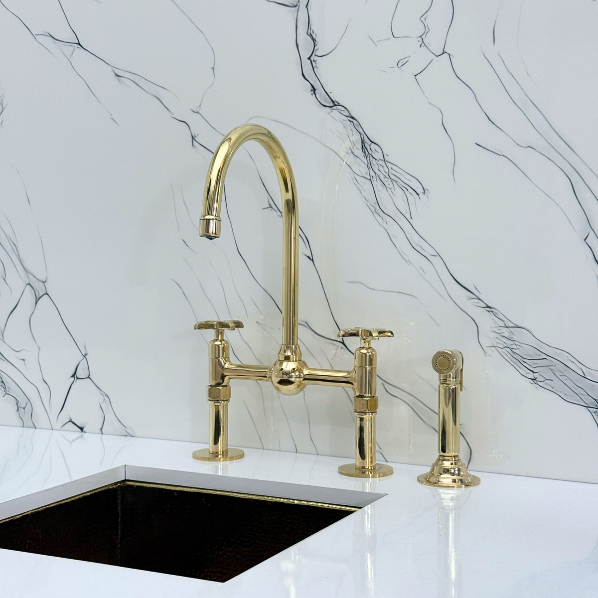 Unlacquered Brass Bridge Kitchen Faucet with Cross Handles – Regent – alternate view 12